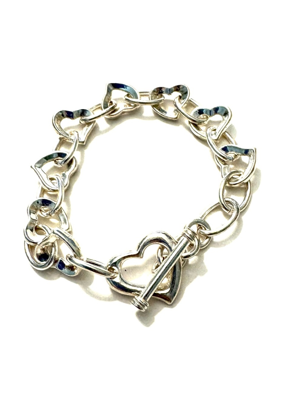 FASHION JEWELRY Vintage Chunky Solid Sterling Silver Heart Chain Link Bracelet